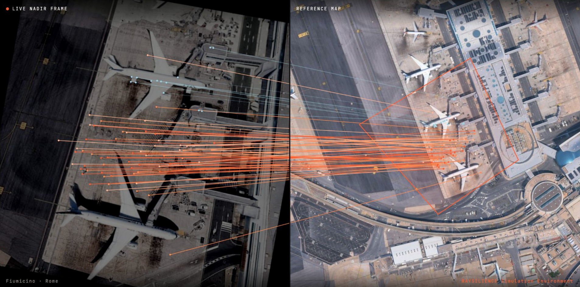 Raysilience MONDRIAN: live nadir frame matched to reference map, Fiumicino