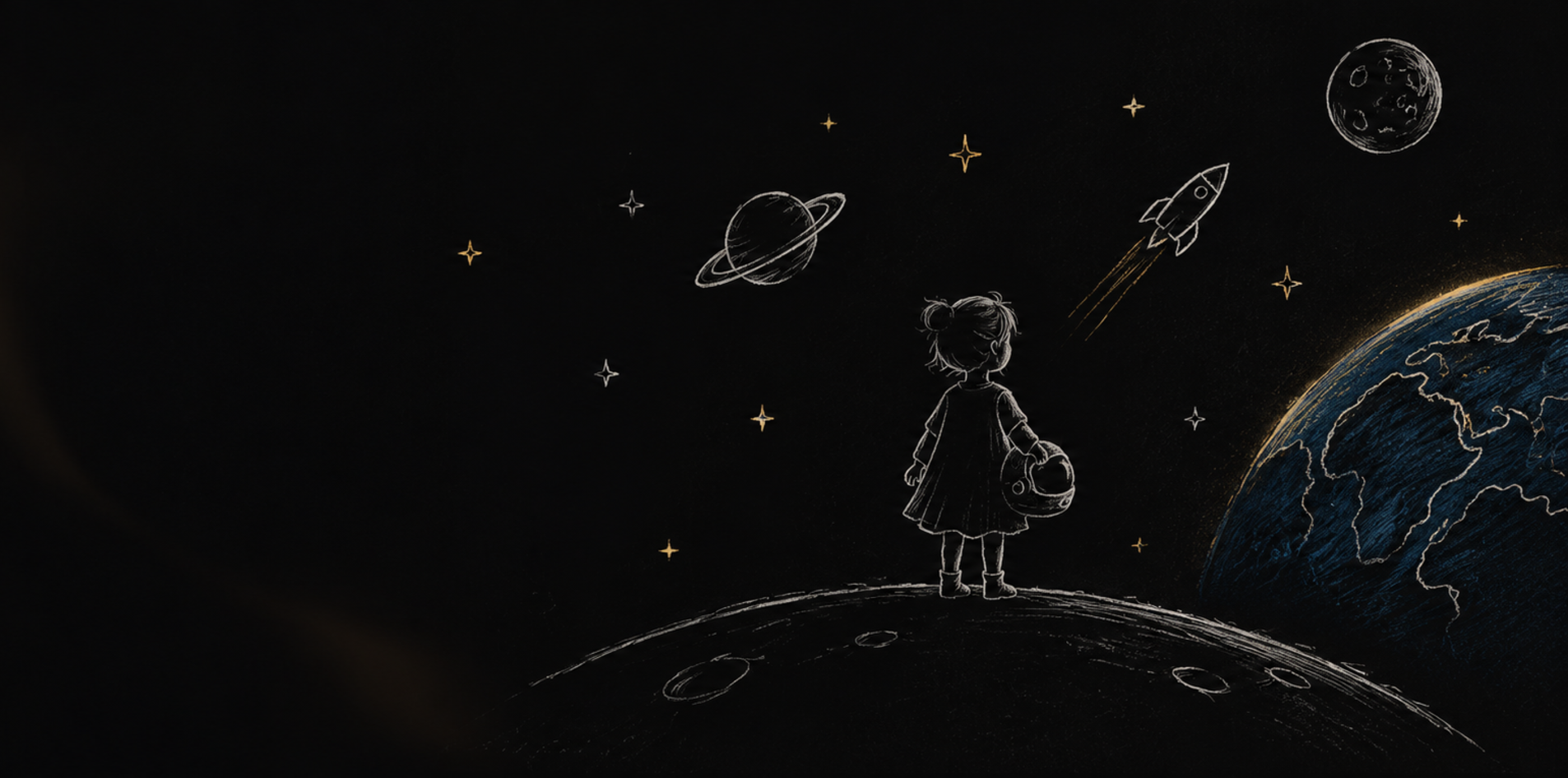 Little Space Explorers: a child on the Moon looking at the Earth, a rocket and planets